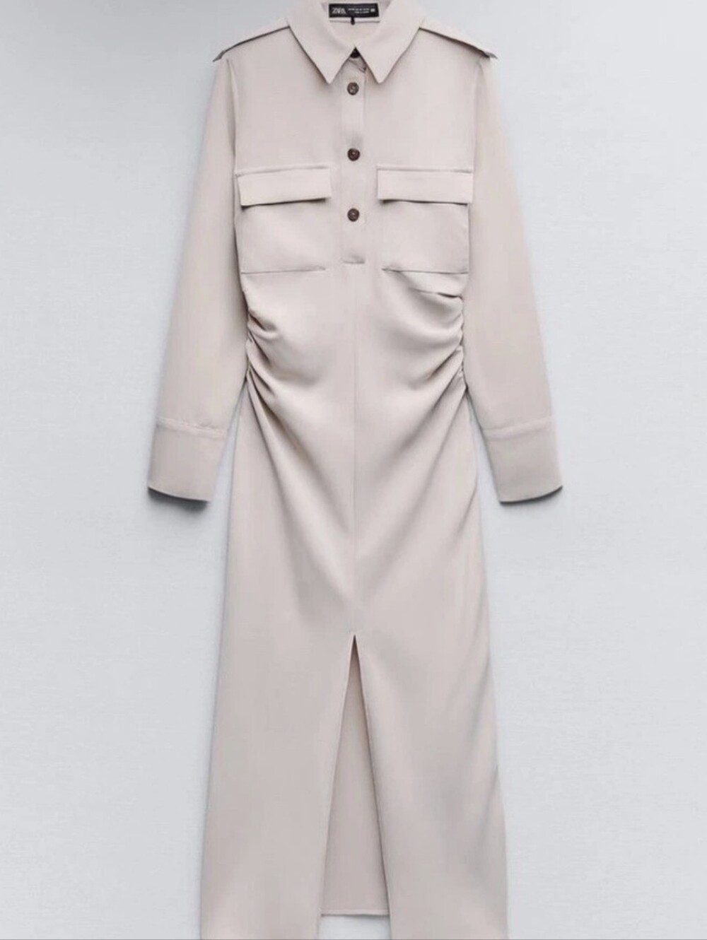 Zara Woman Draped Waist Midi Dress Sz L Cream Color Front Slit